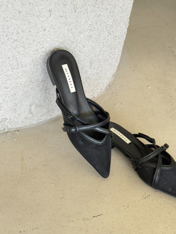 Vade - Korean Women Fashion - #womensfashion - Stiletto Mesh Strap Low Heel Mule - 4