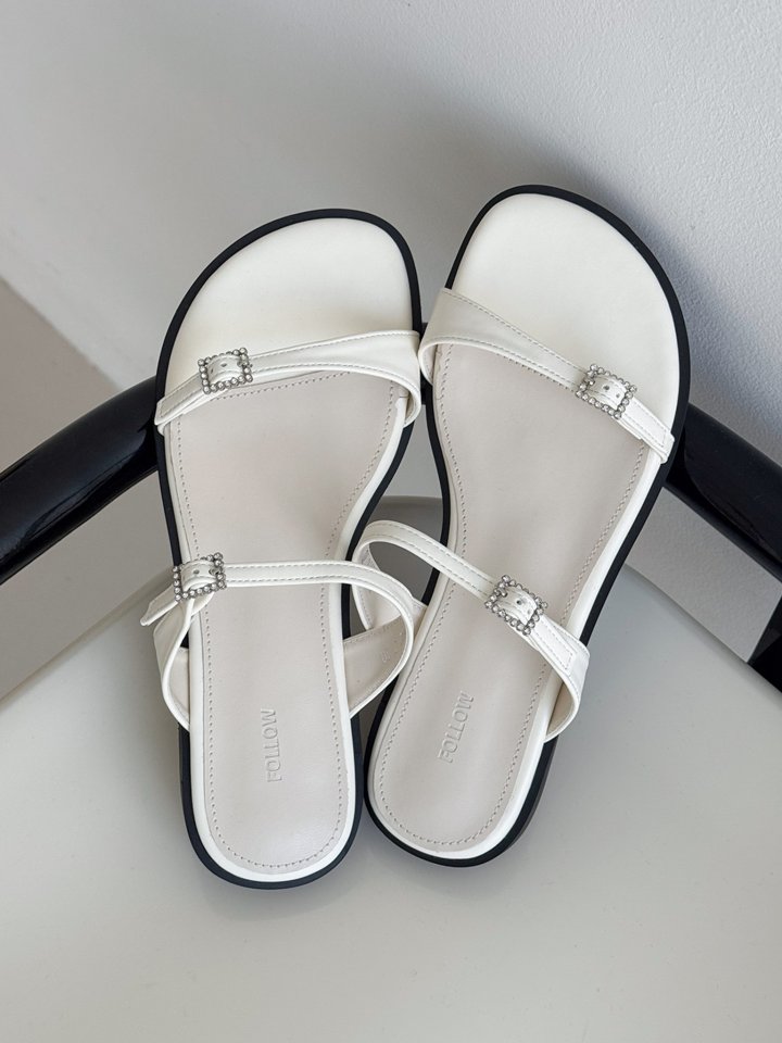 Vade - Korean Women Fashion - #momslook - Double Buckle Velcro Strap Cubic Decor Slipper Sandals - 3