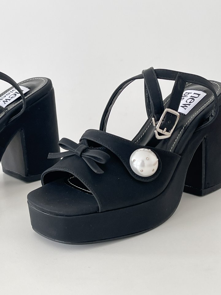 Vade - Korean Women Fashion - #momslook - Chunky Pearl Ribbon Sandals Heels - 11
