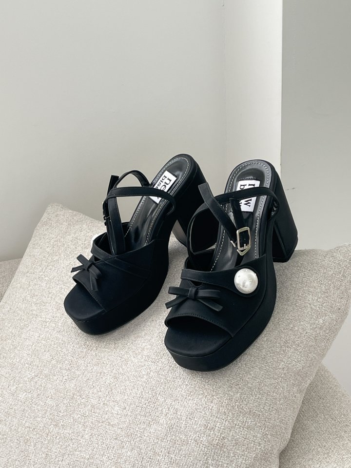 Vade - Korean Women Fashion - #momslook - Chunky Pearl Ribbon Sandals Heels - 9