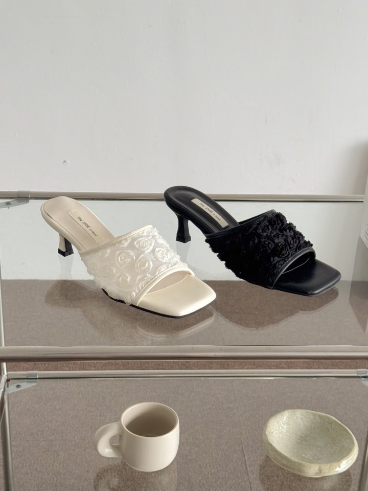 Vade - Korean Women Fashion - #thelittlethings - Flower Mesh Mule Sandals Heel - 3