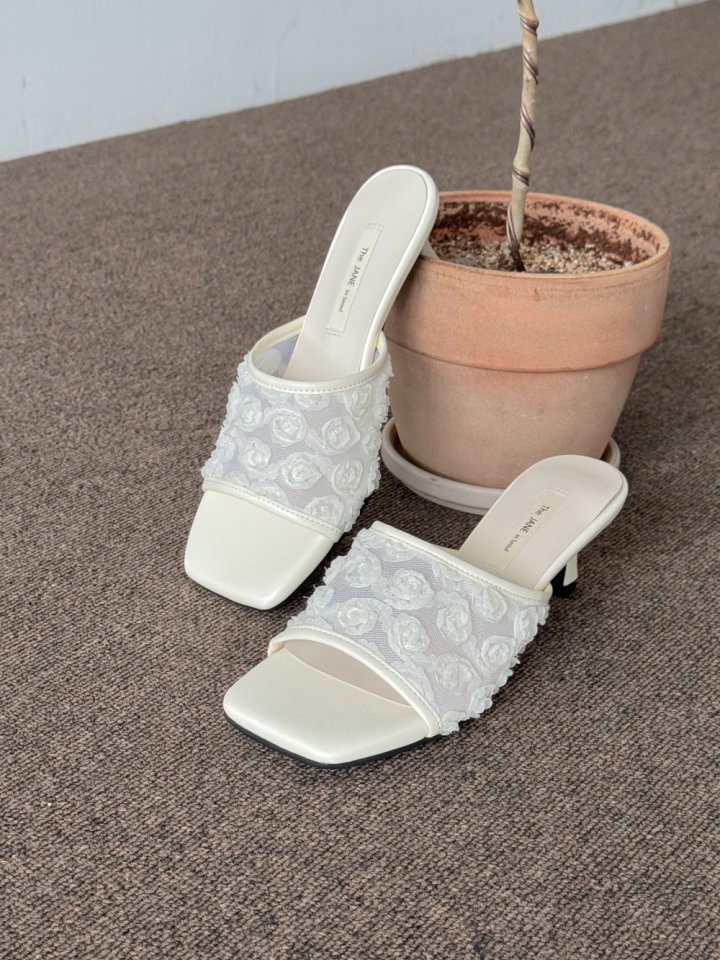 Vade - Korean Women Fashion - #womensfashion - Flower Mesh Mule Sandals Heel - 5