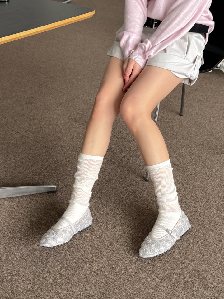 Vade - Korean Women Fashion - #womensfashion - Round Mary Jane Flower Pattern Mesh Flat - 6