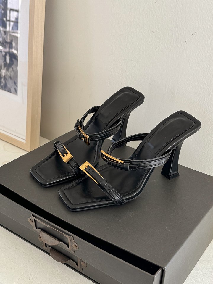 Vade - Korean Women Fashion - #womensfashion - Gold Strap Double Buckle Mules - 7
