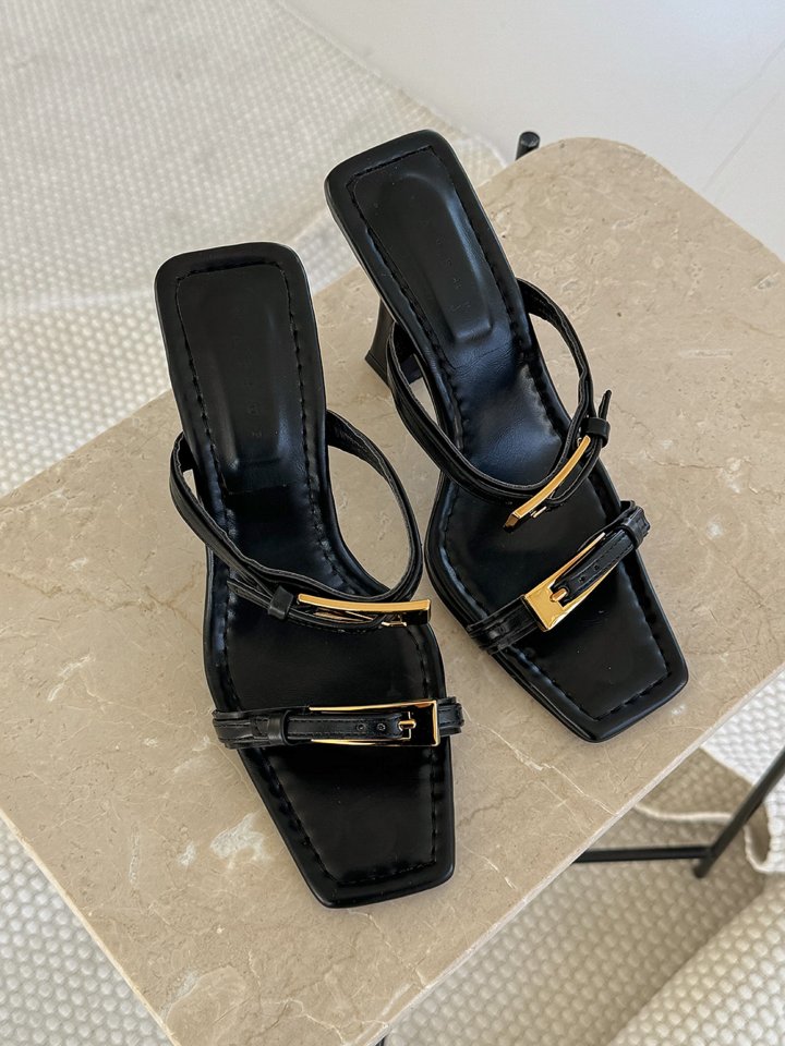 Vade - Korean Women Fashion - #womensfashion - Gold Strap Double Buckle Mules - 9