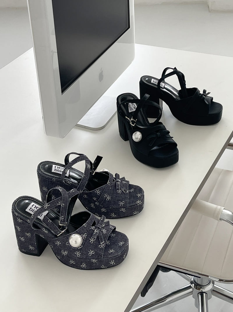 Vade - Korean Women Fashion - #womensfashion - Chunky Pearl Ribbon Sandals Heels - 12