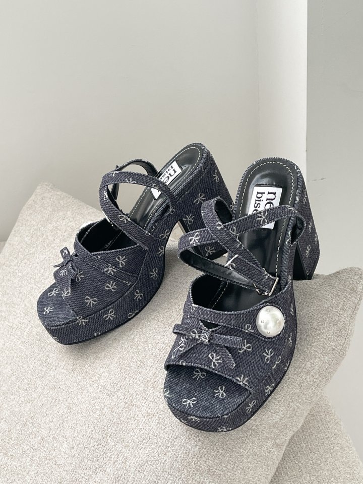 Vade - Korean Women Fashion - #womensfashion - Chunky Pearl Ribbon Sandals Heels - 8