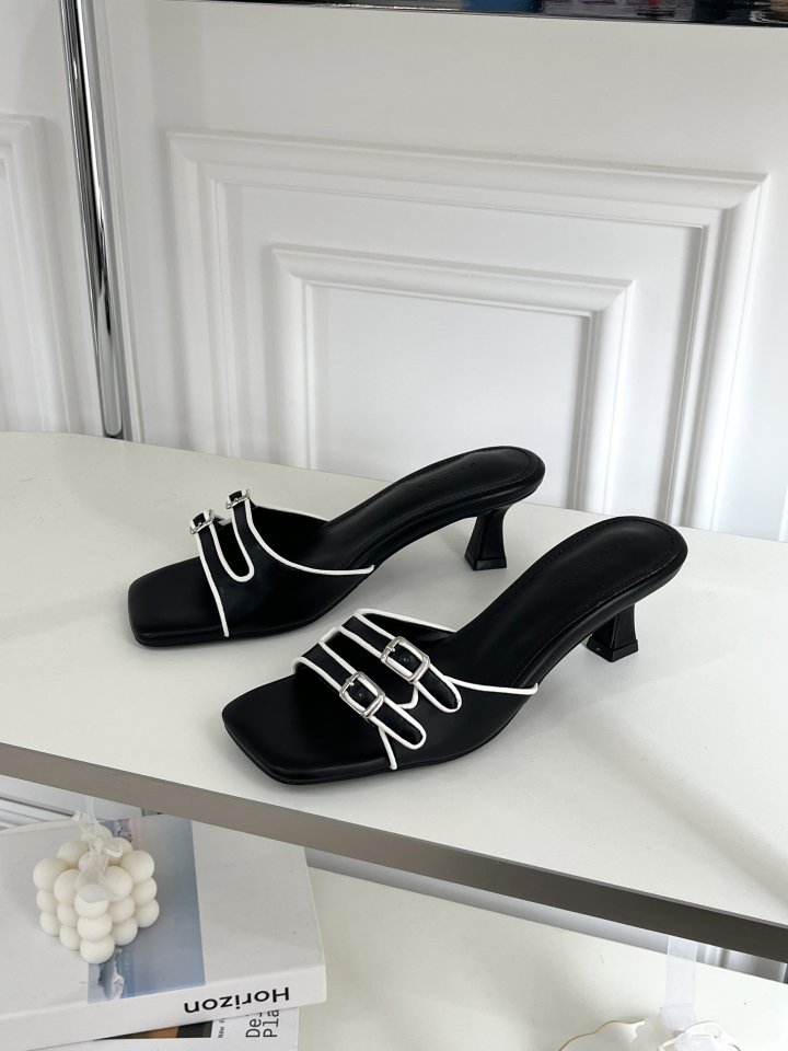 Vade - Korean Women Fashion - #womensfashion - Colorblock Double Strap Square Sandals Heels - 11