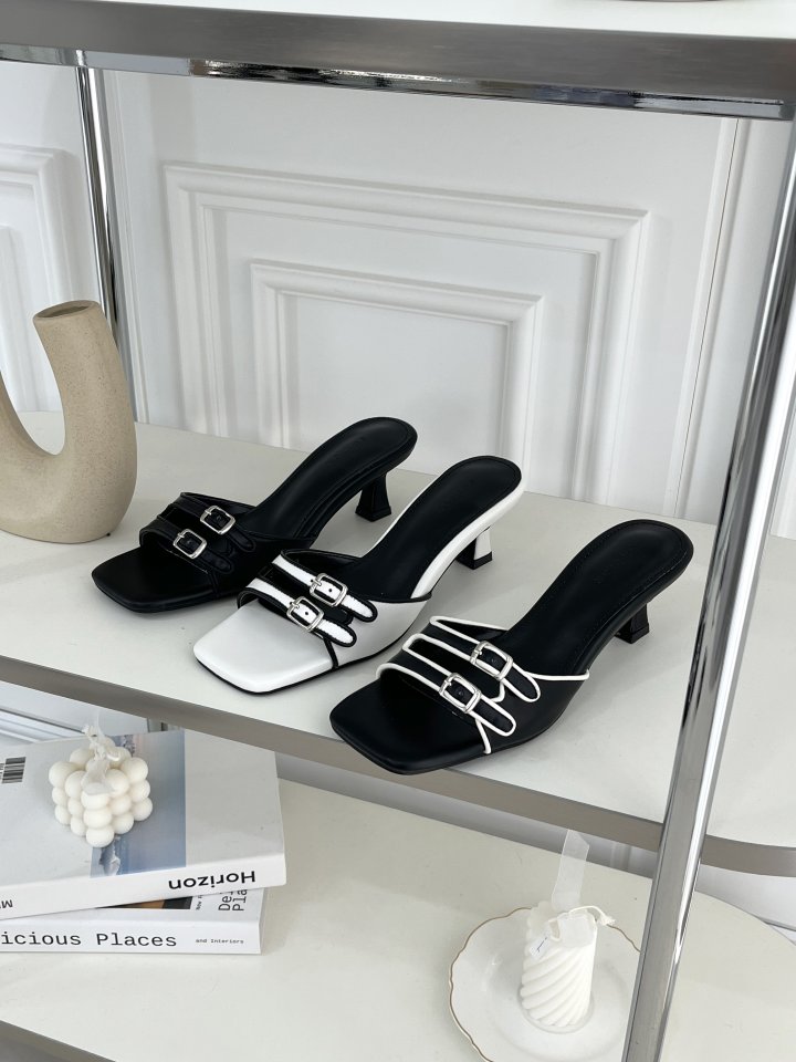 Vade - Korean Women Fashion - #womensfashion - Colorblock Double Strap Square Sandals Heels - 7