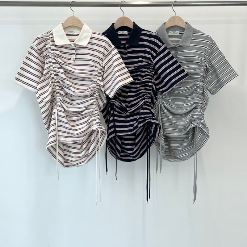 140 Avenue - Korean Women Fashion - #momslook - Striped Tunnel Collar Tee