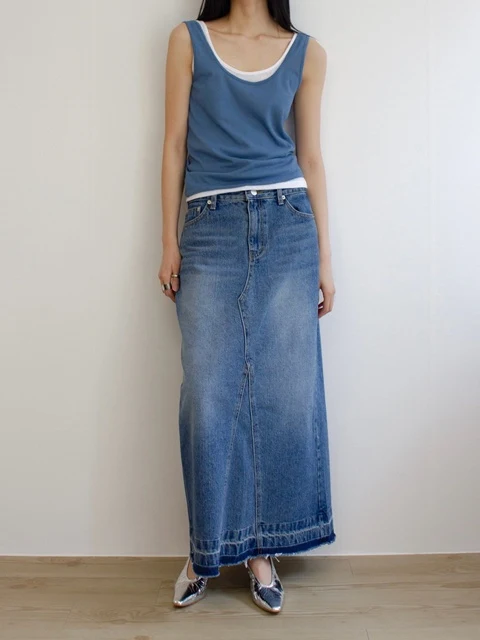 Salt Washed Back Slit Maxi Denim Skirt