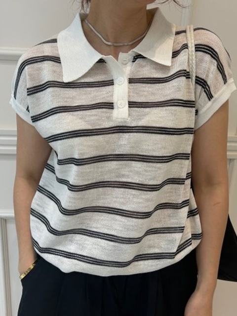 Stripe Collar Back Ribbon Short Sleeve Knit Stripe Collar Back Ribbon Short Sleeve Knit