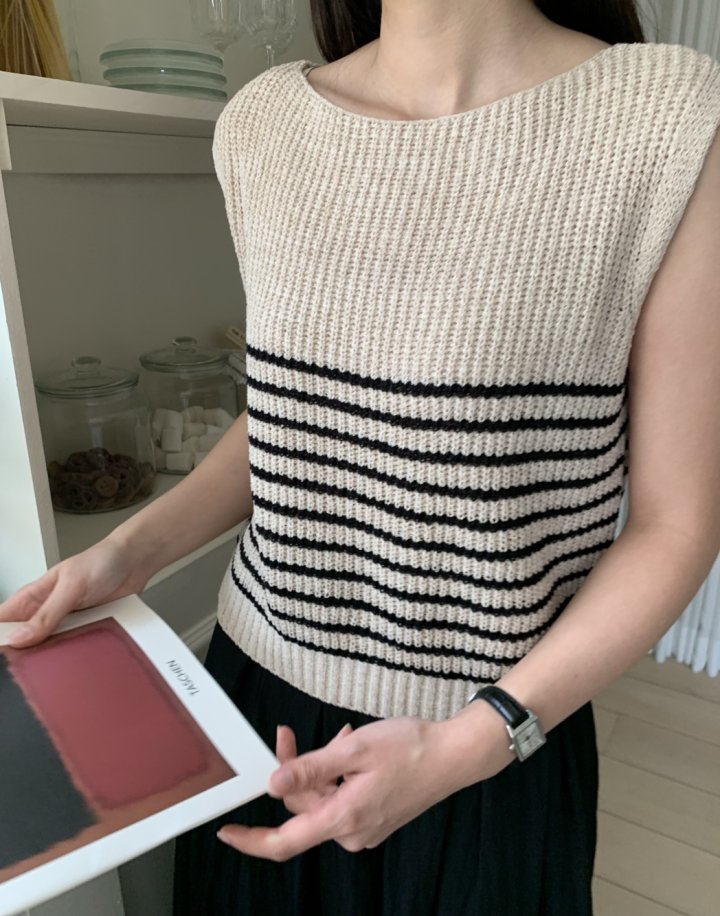 Allu - Korean Women Fashion - #womensfashion - Boat Neck Stripe Sleeveless - 4