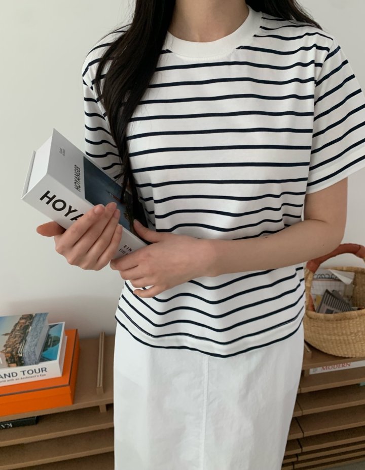 Allu - Korean Women Fashion - #momslook - Stripe Regular Short Sleeve - 7