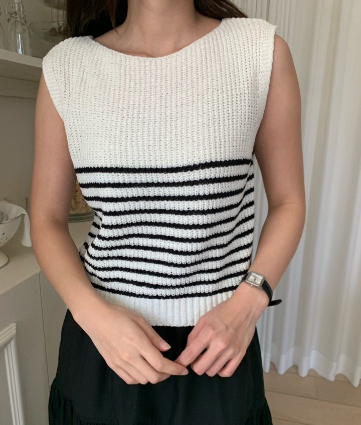 Allu - Korean Women Fashion - #vintageinspired - Boat Neck Stripe Sleeveless - 8
