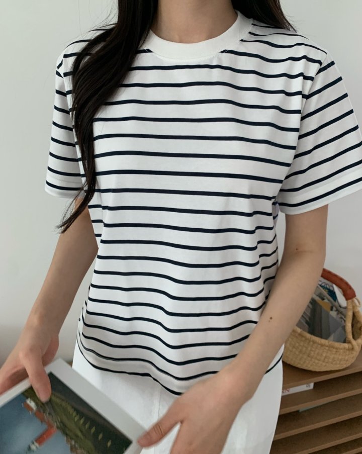 Allu - Korean Women Fashion - #womensfashion - Stripe Regular Short Sleeve - 2