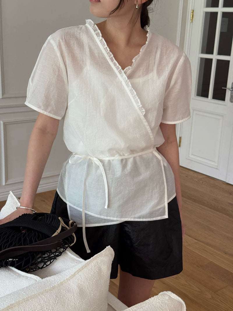 Amygrace - Korean Women Fashion - #momslook - Blur Wrap Frill Blouse - 6