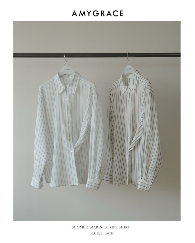 Amygrace - Korean Women Fashion - #momslook - Summer Marine Stripe Shirt