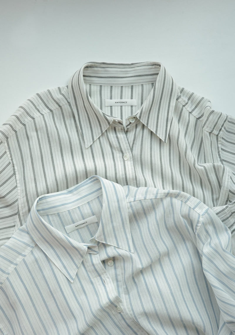 Amygrace - Korean Women Fashion - #momslook - Summer Marine Stripe Shirt - 2