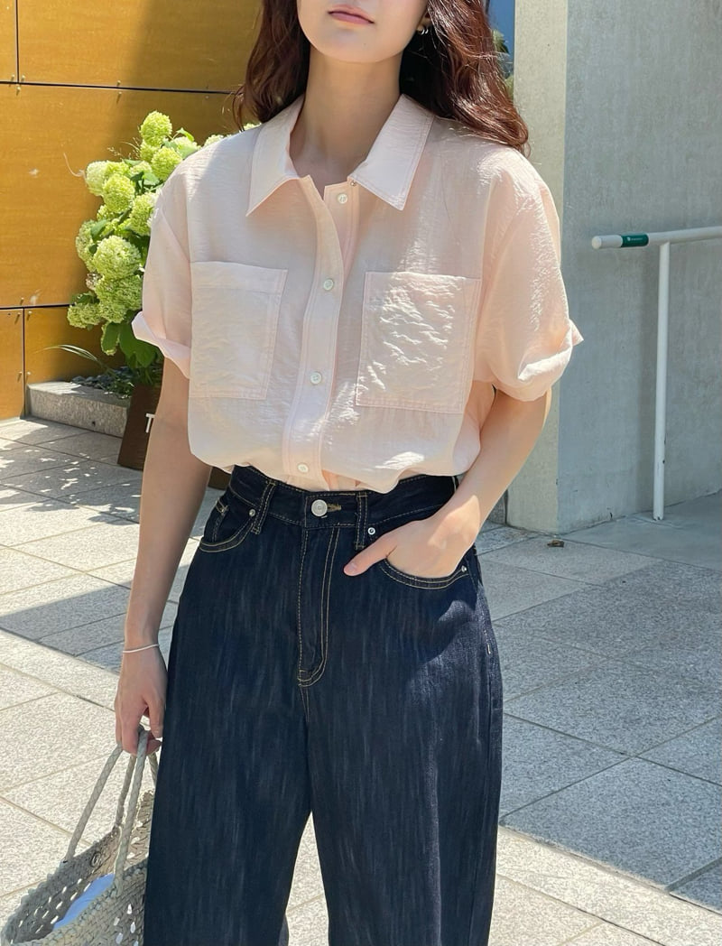 Amygrace - Korean Women Fashion - #momslook - Plain Pocket Short Sleeve Shirt - 7
