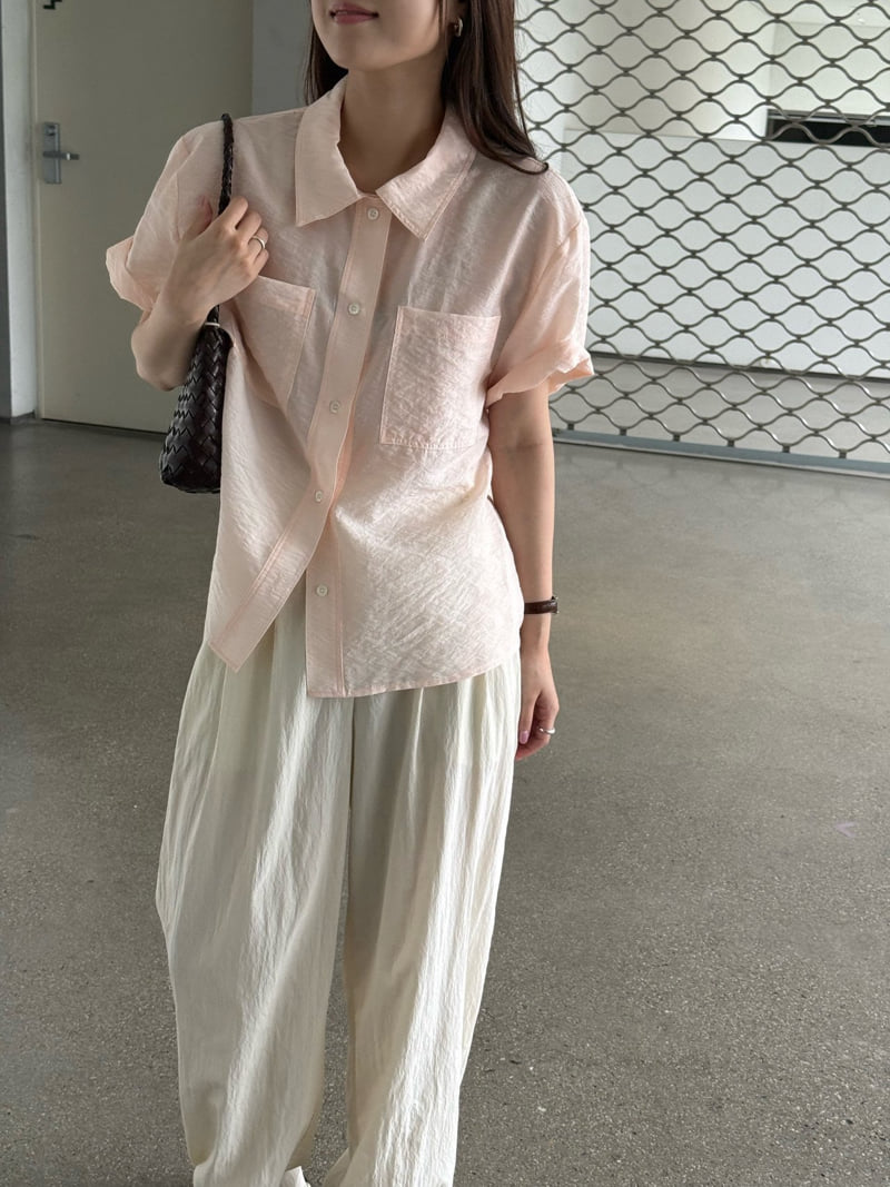 Amygrace - Korean Women Fashion - #restrostyle - Plain Pocket Short Sleeve Shirt - 2