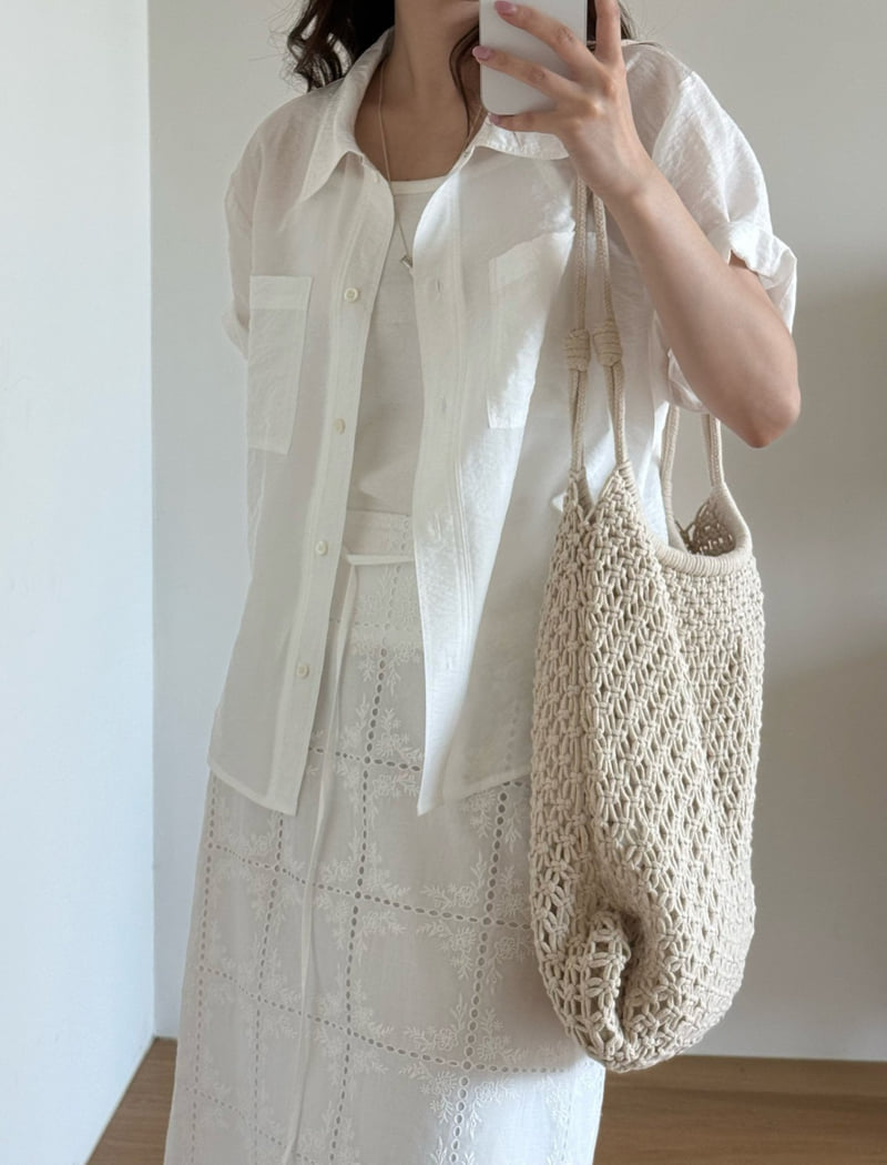 Amygrace - Korean Women Fashion - #romanticstyle - Plain Pocket Short Sleeve Shirt - 3