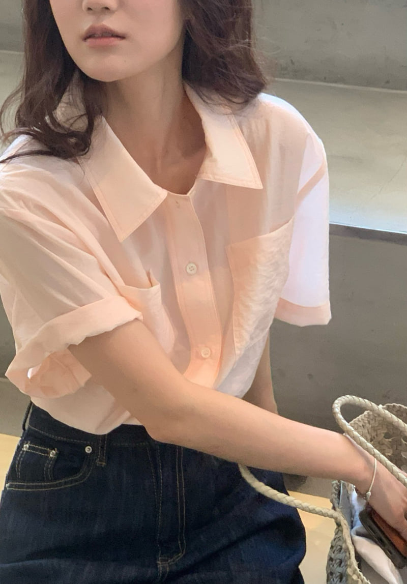 Amygrace - Korean Women Fashion - #thelittlethings - Plain Pocket Short Sleeve Shirt - 6