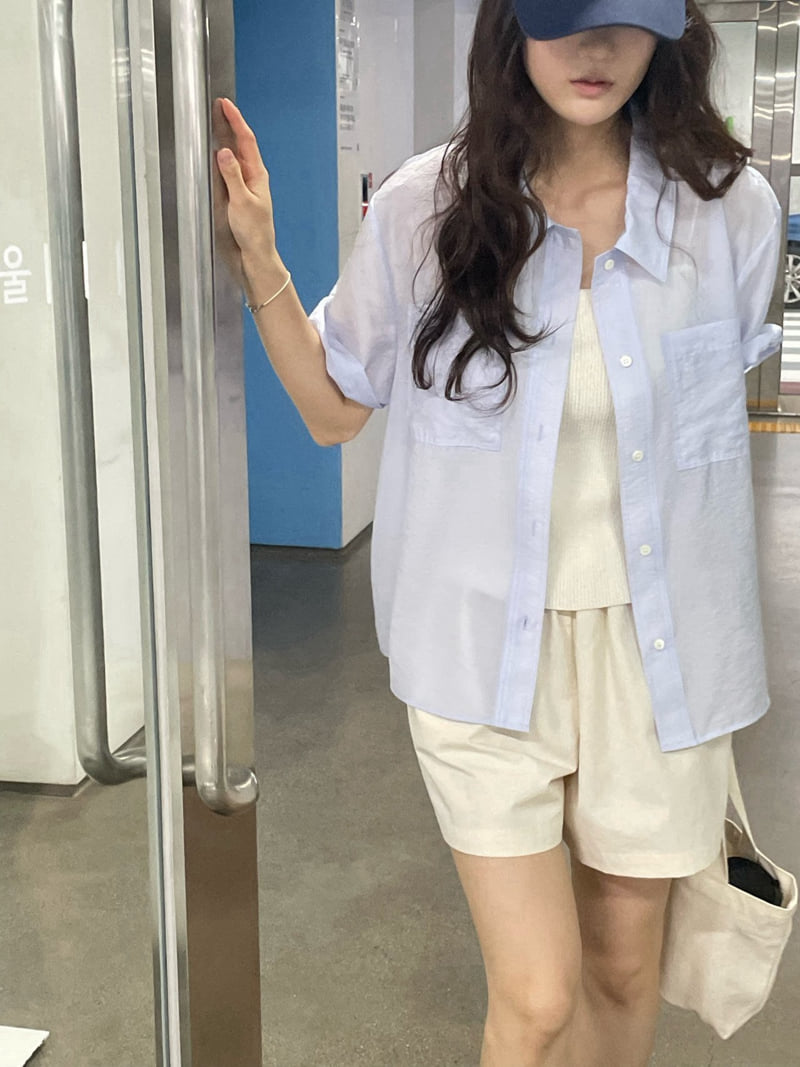 Amygrace - Korean Women Fashion - #womensfashion - Plain Pocket Short Sleeve Shirt - 10