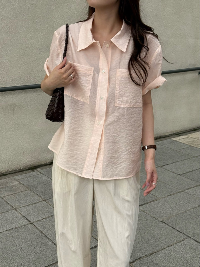 Amygrace - Korean Women Fashion - #womensfashion - Plain Pocket Short Sleeve Shirt - 8