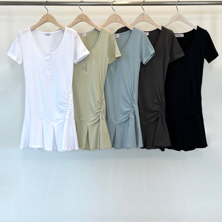 Another Avenue - Korean Women Fashion - #momslook - Henley Neck Pleated One-piece