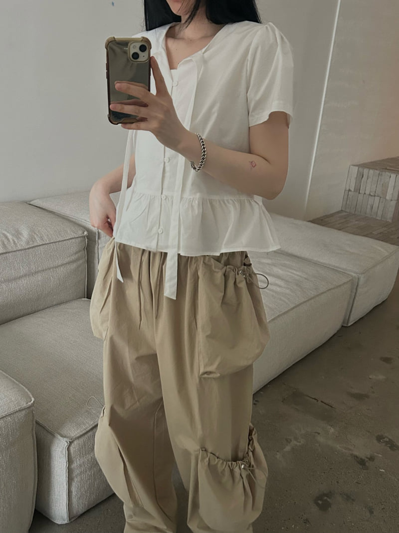 Buckle - Korean Women Fashion - #vintageinspired - Cotton Tie Blouse - 4