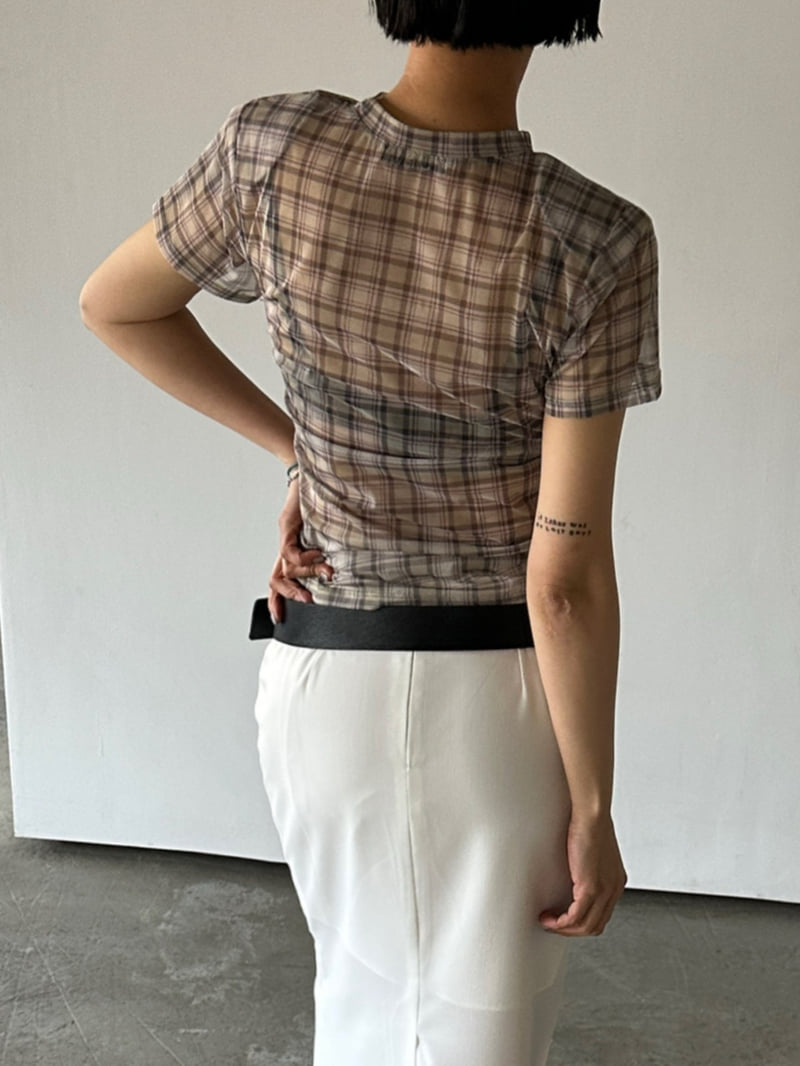 Chavi - Korean Women Fashion - #momslook - Mesh Check Shirring Tee - 10