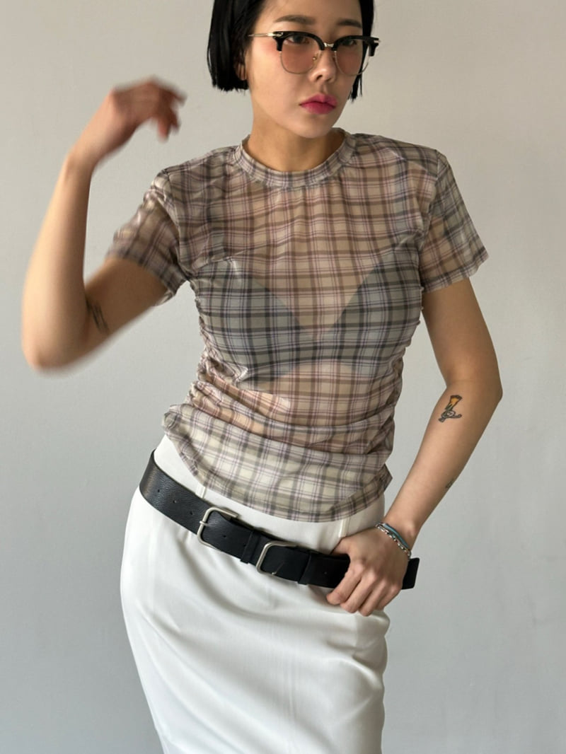 Chavi - Korean Women Fashion - #momslook - Mesh Check Shirring Tee - 12