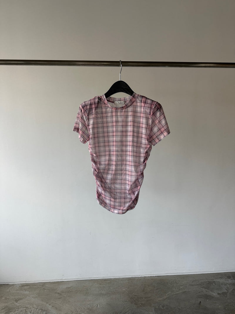 Chavi - Korean Women Fashion - #romanticstyle - Mesh Check Shirring Tee - 2
