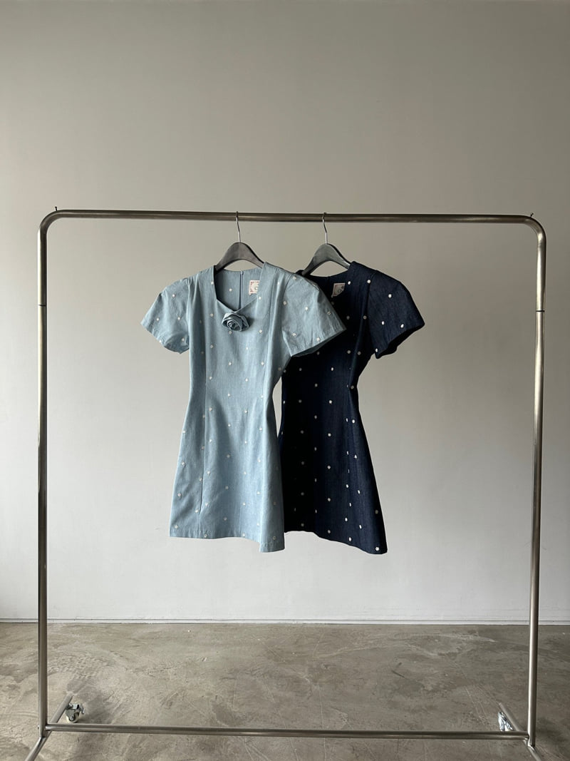 Chavi - Korean Women Fashion - #thelittlethings - Olive Denim One-piece (Brooch Set)