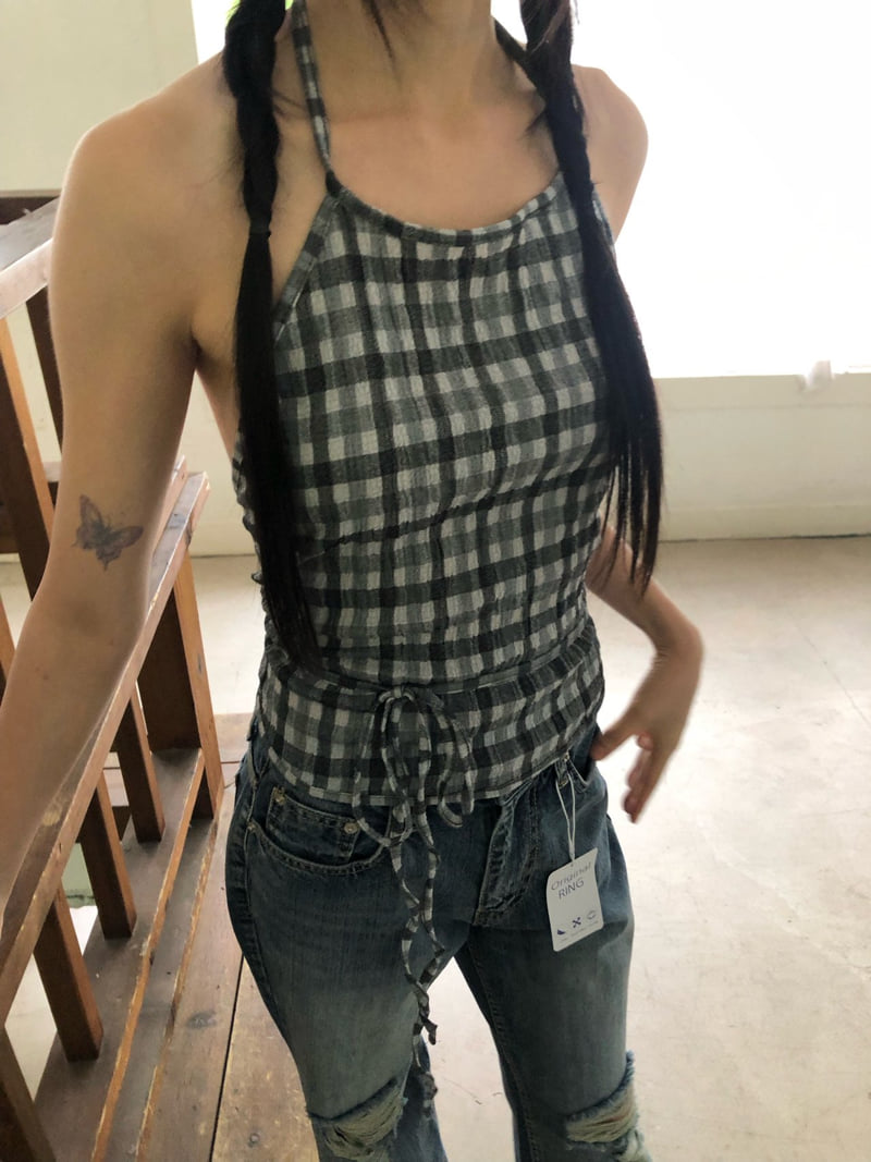 Flash - Korean Women Fashion - #restrostyle - Check Halter Blouse - 3
