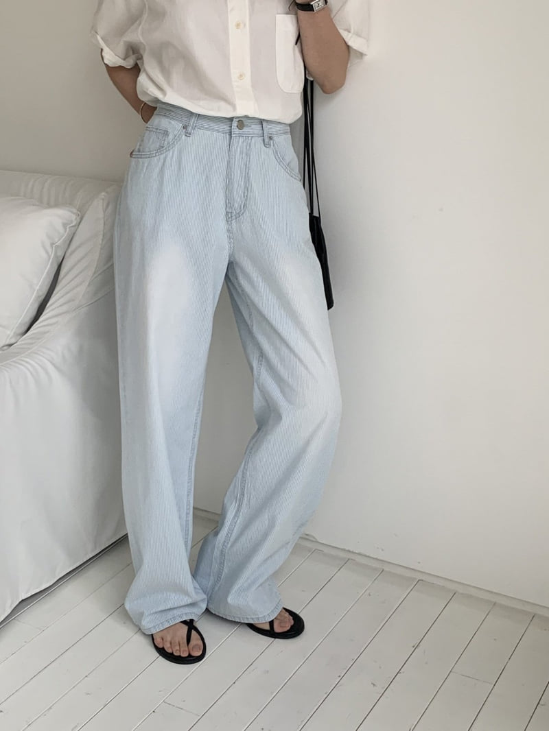 I'm here - Korean Women Fashion - #momslook - Summer Wide Stripe Denim Pants   - 11