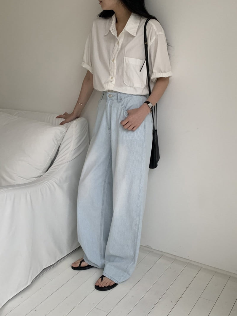 I'm here - Korean Women Fashion - #momslook - Summer Wide Stripe Denim Pants   - 7