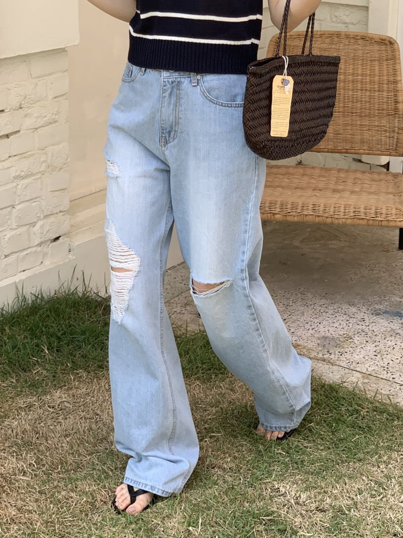 I'm here - Korean Women Fashion - #momslook - Vintage Straight Light Blue Wide Denim Pants - 10
