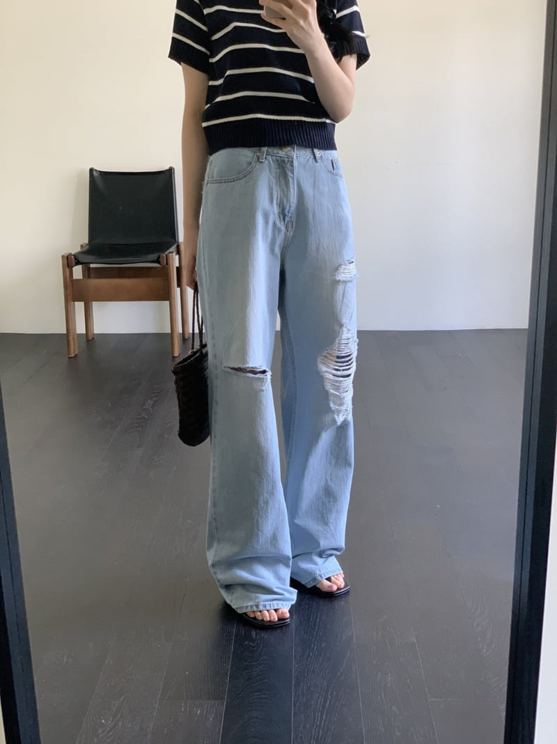 I'm here - Korean Women Fashion - #momslook - Vintage Straight Light Blue Wide Denim Pants - 6