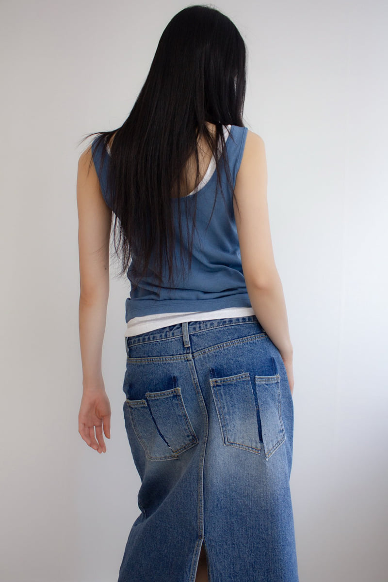 Inssense - Korean Women Fashion - #momslook - Salt Washed Back Slit Maxi Denim Skirt - 10