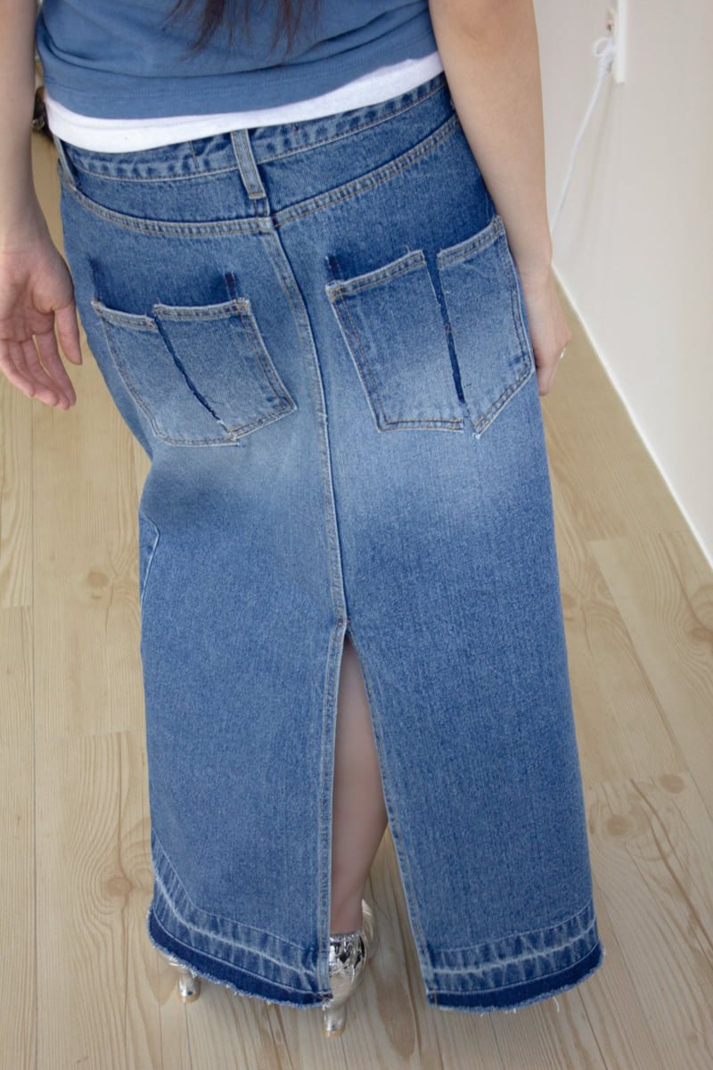 Inssense - Korean Women Fashion - #womensfashion - Salt Washed Back Slit Maxi Denim Skirt - 4