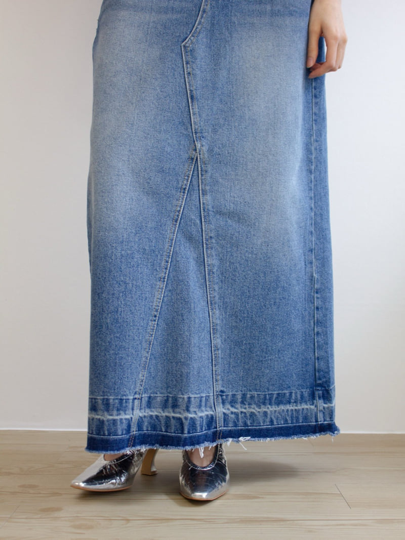 Inssense - Korean Women Fashion - #momslook - Salt Washed Back Slit Maxi Denim Skirt - 8