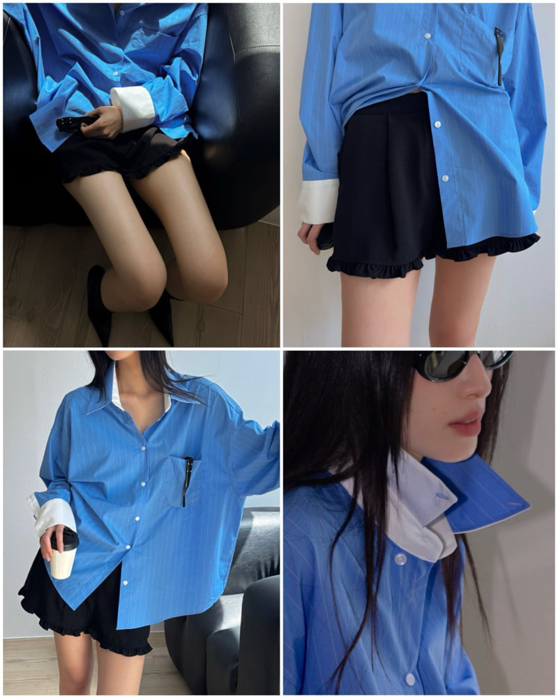 Inssense - Korean Women Fashion - #momslook - Oversized White Contrast Striped Shirt - 3