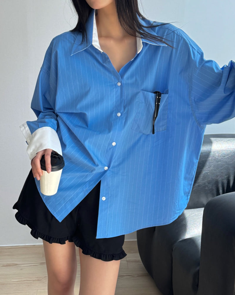 Inssense - Korean Women Fashion - #momslook - Oversized White Contrast Striped Shirt - 9