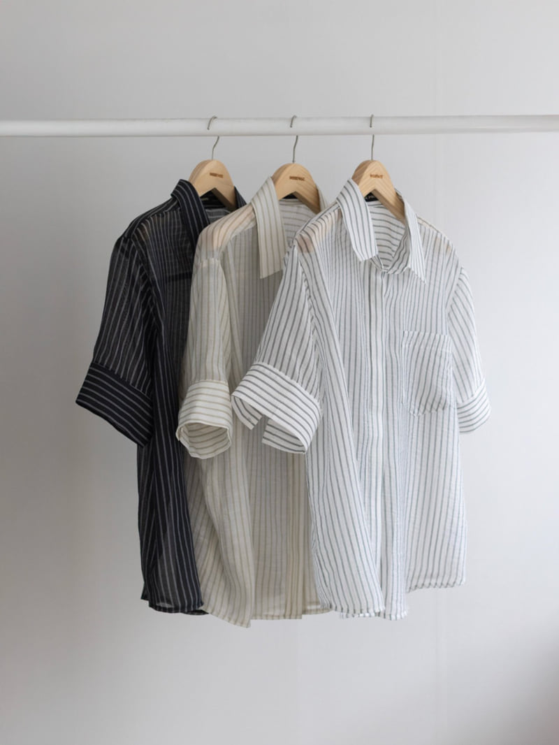Inssense - Korean Women Fashion - #momslook - Oversized Cupra Stripe Short-Sleeved Shirt