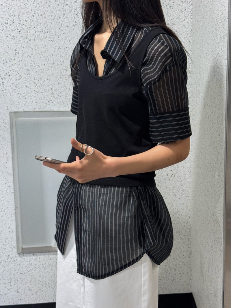 Inssense - Korean Women Fashion - #momslook - Oversized Cupra Stripe Short-Sleeved Shirt - 5