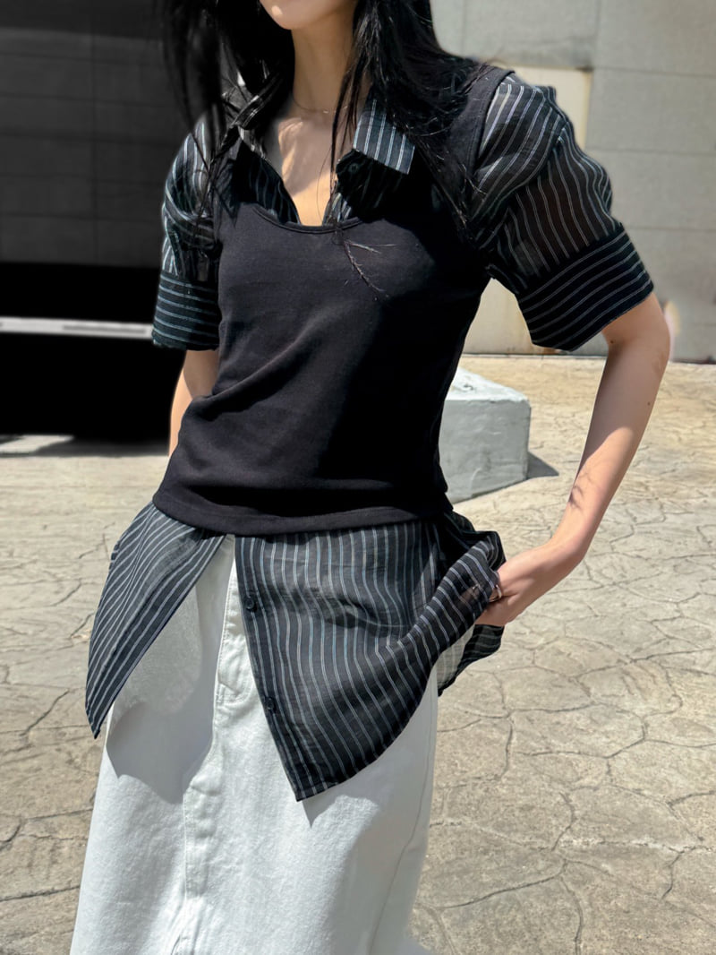 Inssense - Korean Women Fashion - #momslook - Oversized Cupra Stripe Short-Sleeved Shirt - 7