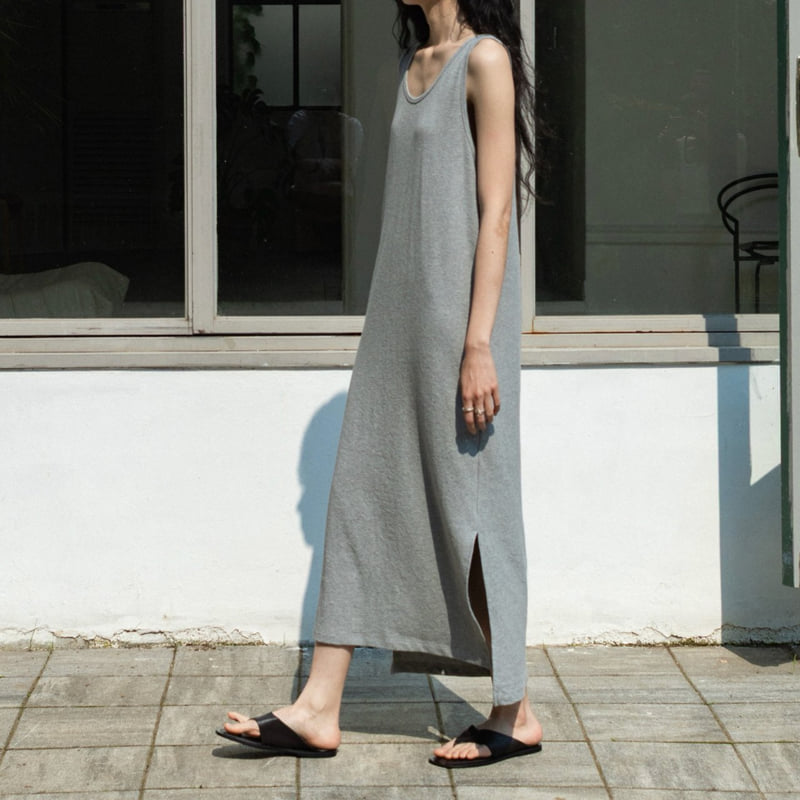 Inssense - Korean Women Fashion - #momslook - Side Slit Backless Cotton Maxi One-piece - 11