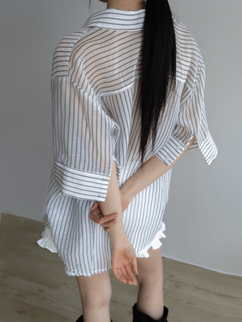 Inssense - Korean Women Fashion - #vintageinspired - Oversized Cupra Stripe Short-Sleeved Shirt - 11